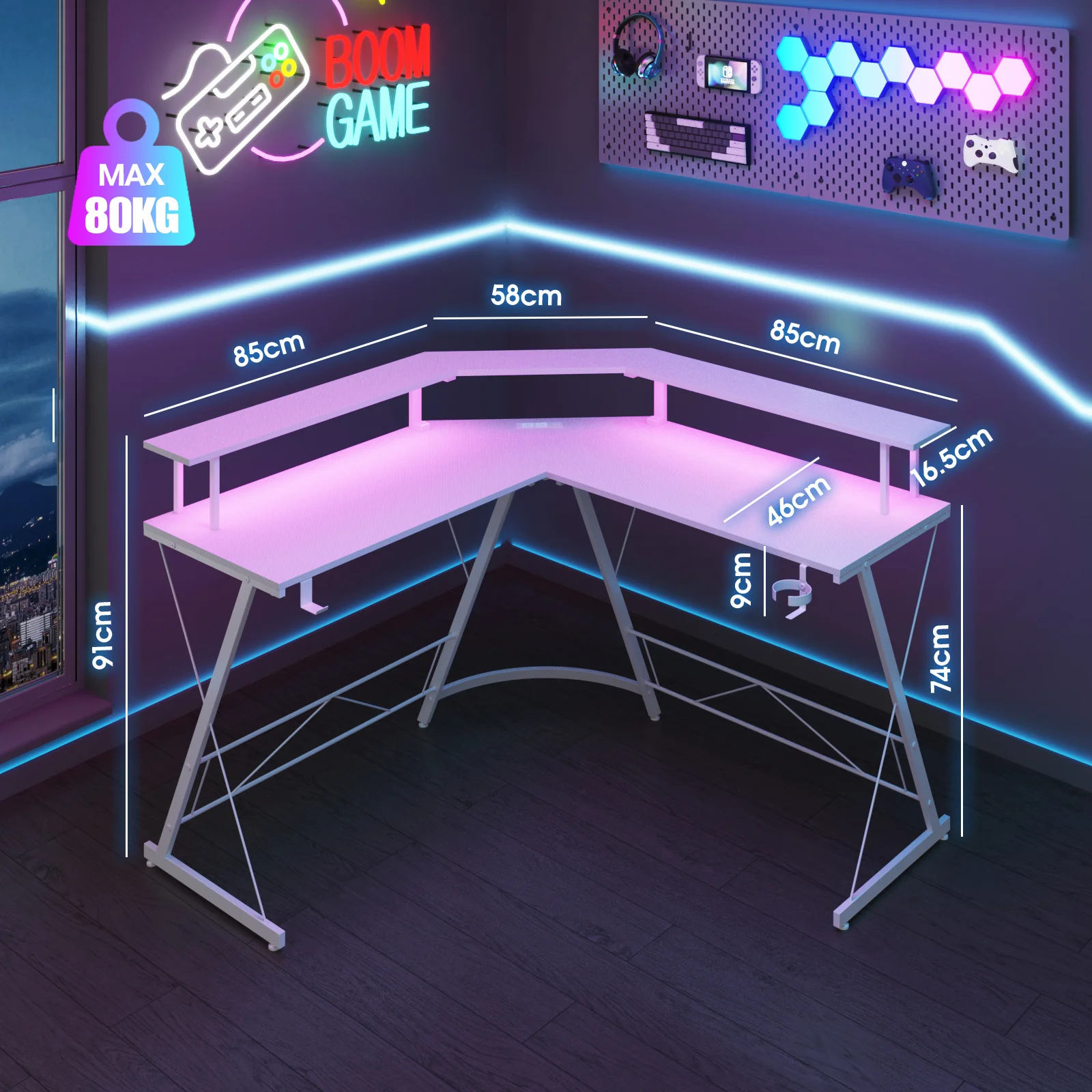 L Shaped Gaming Desk with LED Lights