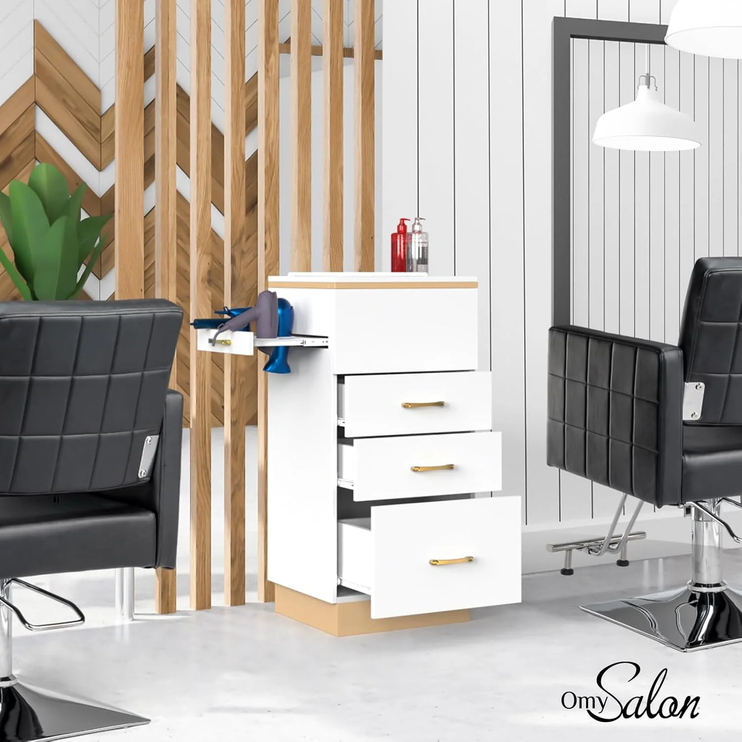 OmySalon Salon Storage Station, Barber Stations Beauty Salon Spa Equipment with 3 Drawers, a Storage Basin, 3 Hair Dryer Holders for Hair Styling, White Gold