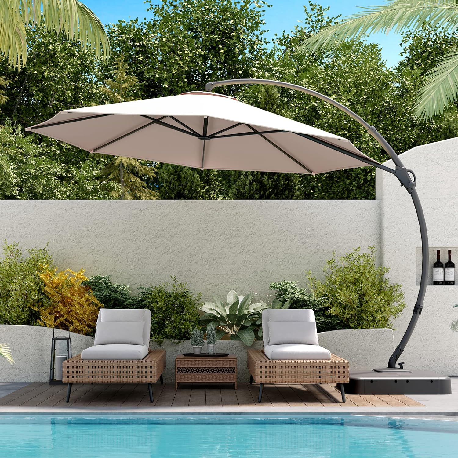 LAUSAINT HOME Outdoor Patio Umbrella with Base included, 11 FT Deluxe Curvy Cantilever Umbrella Heavy Duty Offset Hanging Umbrella with 360�� Rotation for Market, Pool, Garden, Backyard, Deck (Beige)