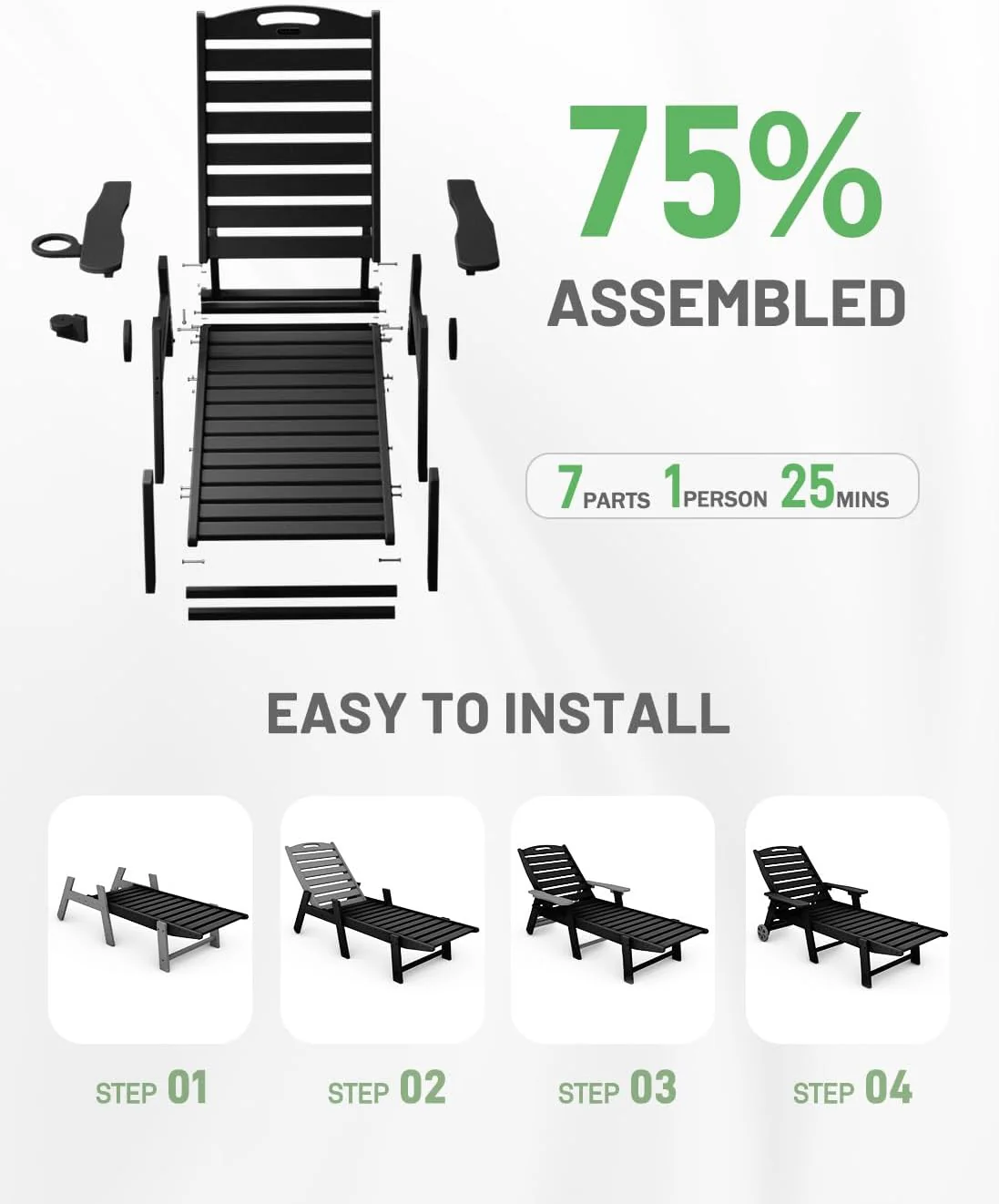 Lounge Chair Outdoor, Chaise Lounge, HDPE 6-Position Outdoor Chaise Lounge, Patio Lounge Chair with Wheels & Cup Holder for Pool Poolside Deck Backyard, Teak