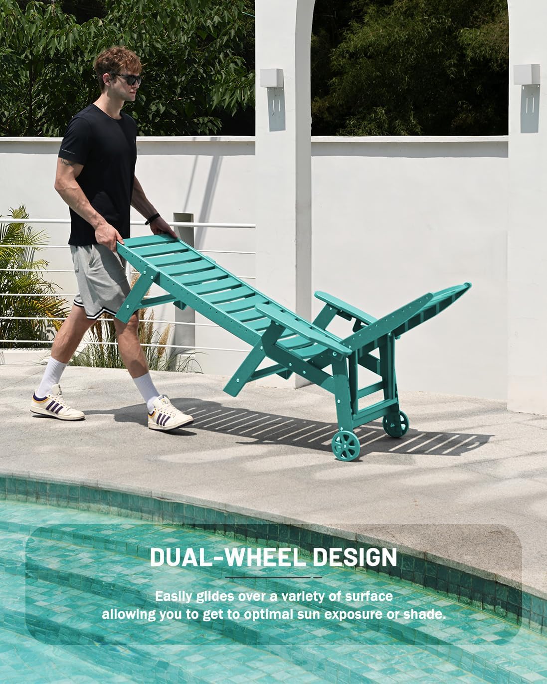 Lounge Chair Outdoor, Chaise Lounge, HDPE 6-Position Outdoor Chaise Lounge, Patio Lounge Chair with Wheels & Cup Holder for Pool Poolside Deck Backyard, Teak