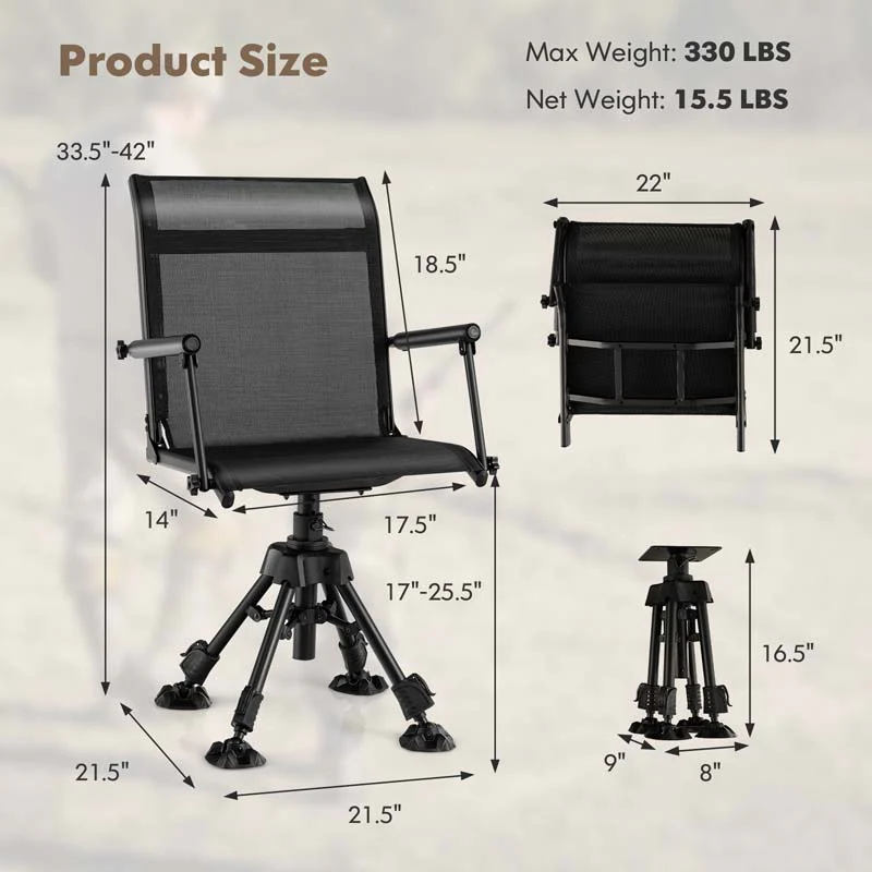 360�� Swivel Silent Folding Hunting Blind Chair for Shooting Fishing, Portable Sniper Seat with 4 Adjustable Legs, All-Terrain Foot Pads
