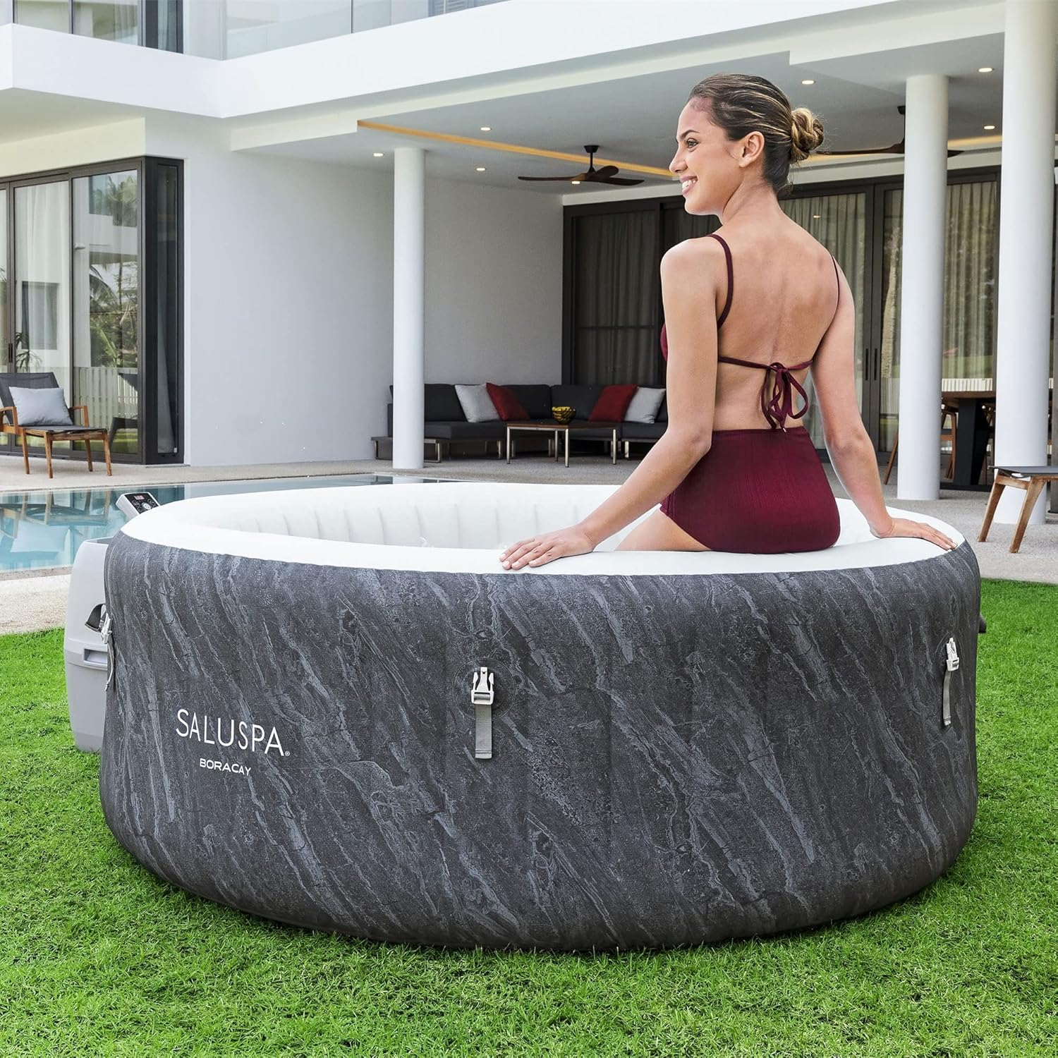 SaluSpa Fiji AirJet Large Round 2 to 4 Person Inflatable Hot Tub Portable Outdoor Spa with 120 AirJets and EnergySense Cover, Grey