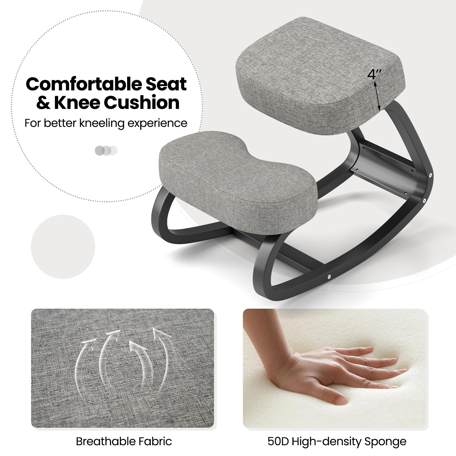 Ergonomic Kneeling Chair, Rocking Upright Posture Chair with Soft Seat & Knee Pads, Gray and Black
