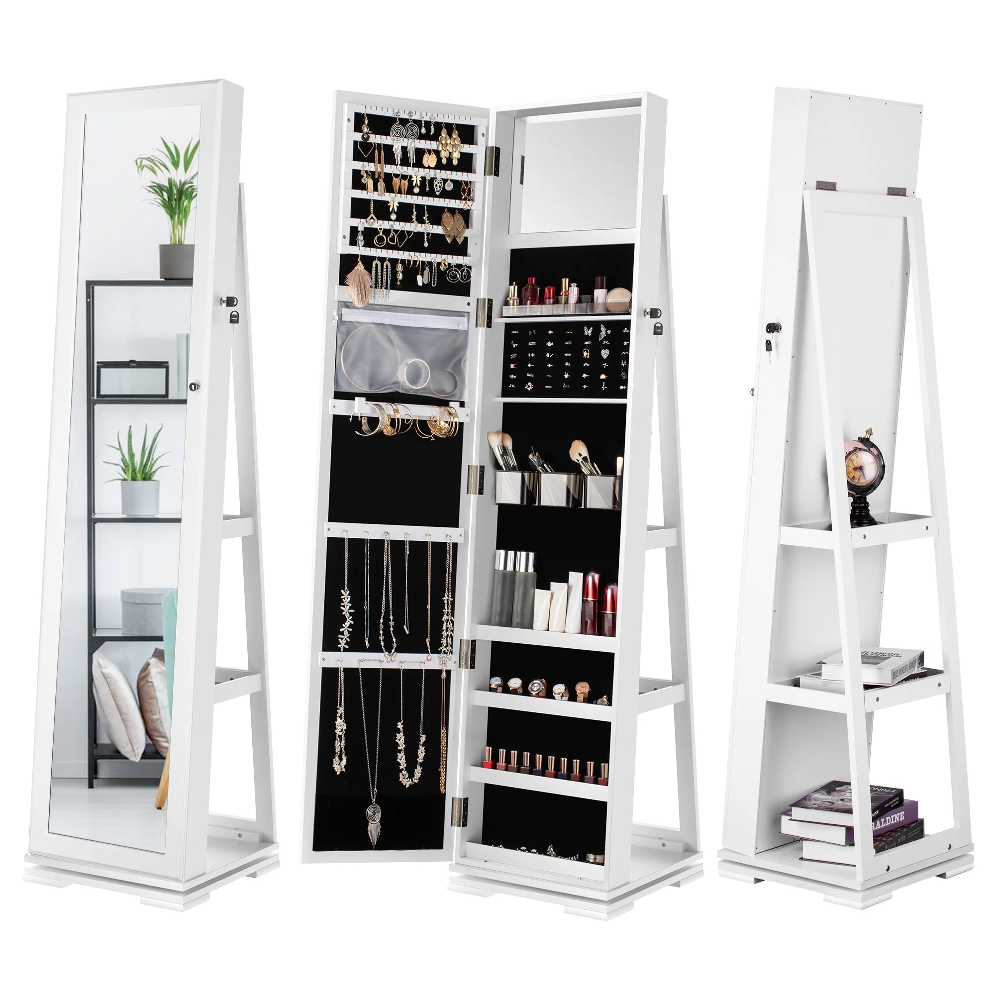 Dextrus 360�� Swivel Jewelry Cabinet, Lockable Standing Jewelry Armoire with Full-Length Mirror, Rear Storage Shelves, White