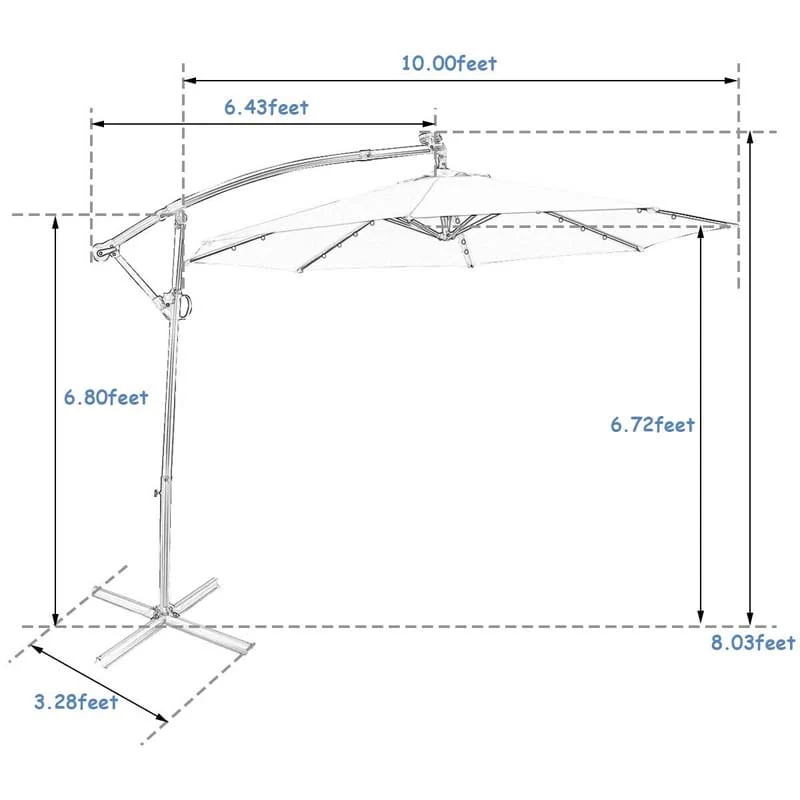 10 FT Patio Offset Umbrella with Solar Lights 360�� Rotation Outdoor Market Umbrella with Crank Handle & Cross Base