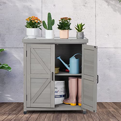Potting Bench with Storage Cabinet and Metal Table Top for Outdoor Patio, Garden Furniture Wood Workstation
