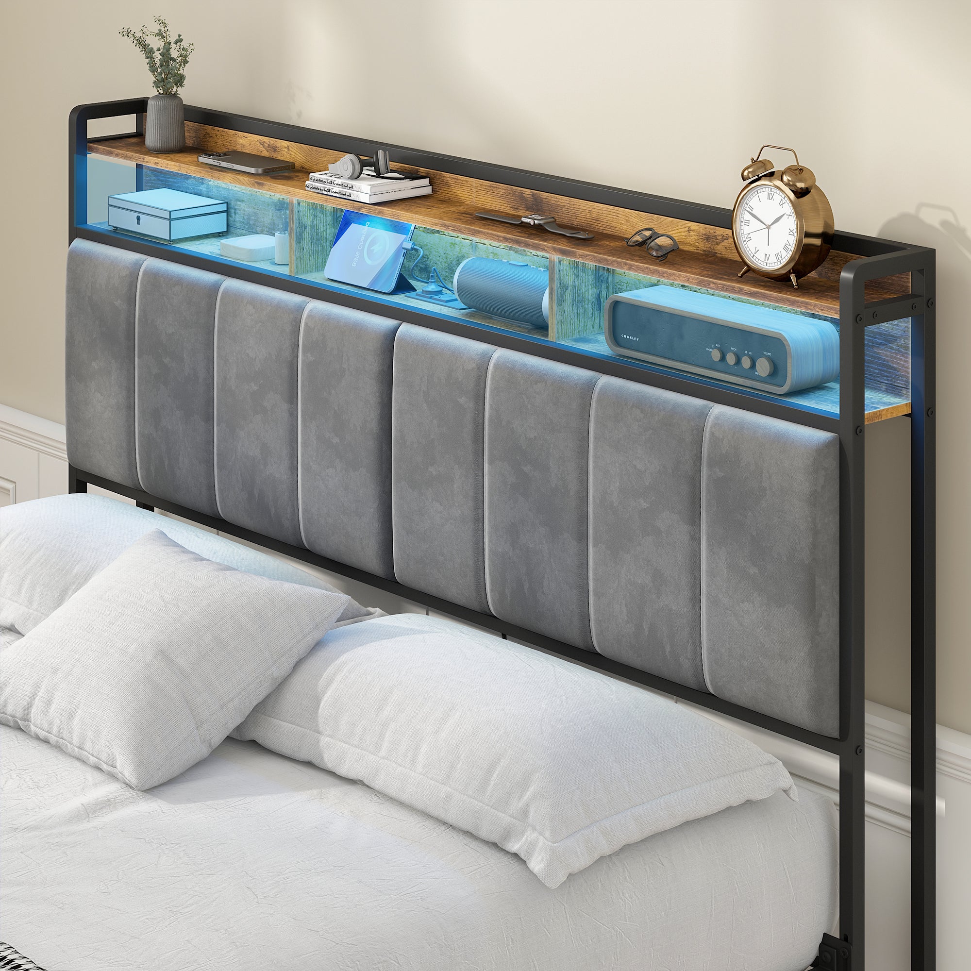 Storage Headboard Upholstered with Charging Station