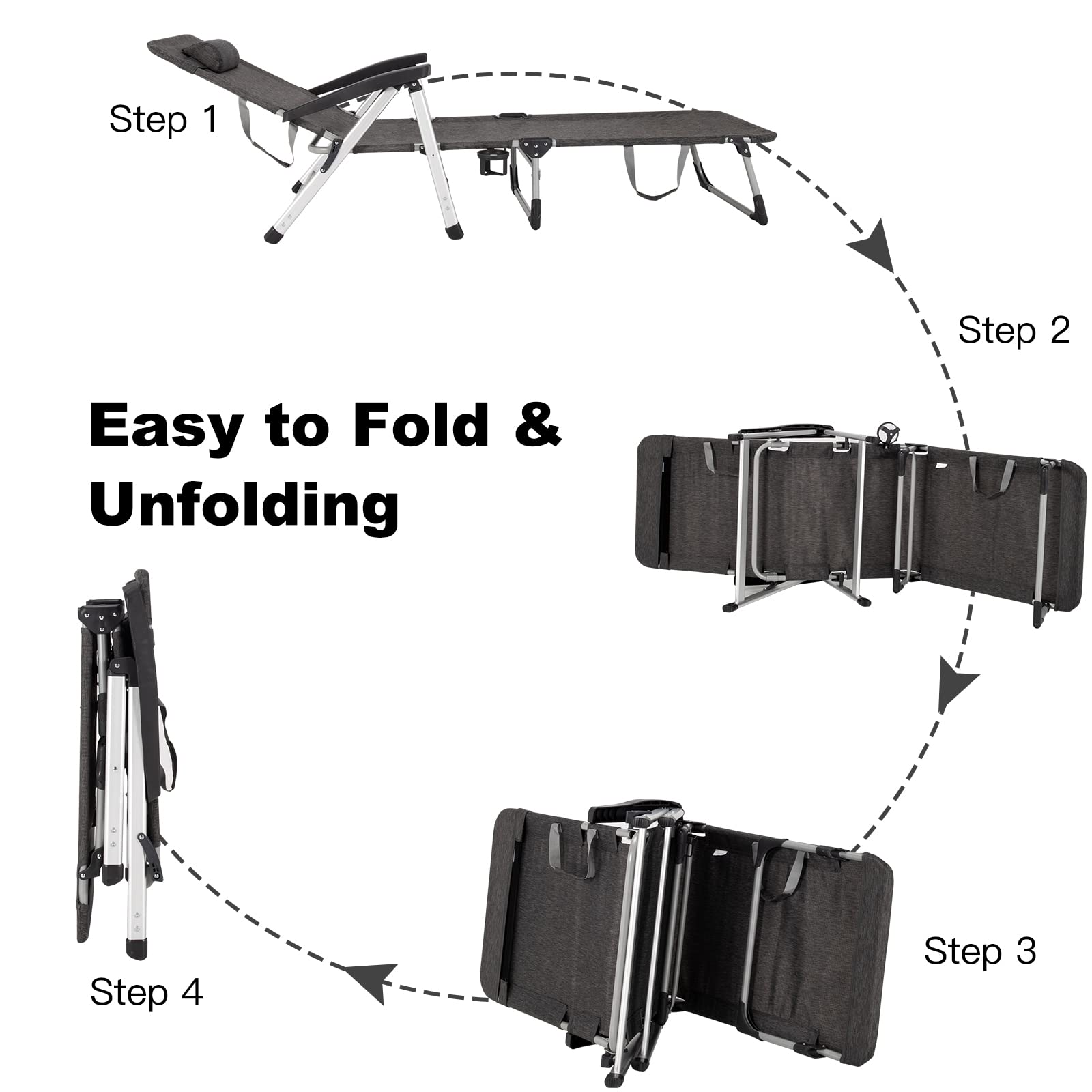 Chaise Lounge Chair, Folding Outdoor Patio Lounger with Cup Holder & Detachable Headrest