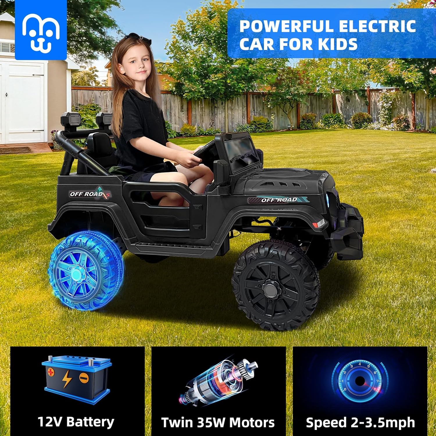 12V Kids Electric Ride on Truck Car Remote Control, Twin 35W Motors 3.5MPH Max Speed, Bluetooth USB Music Player, 4 Wheels Suspension LED Lights Safety Belt, Gift for Boy & Girl-Rosy