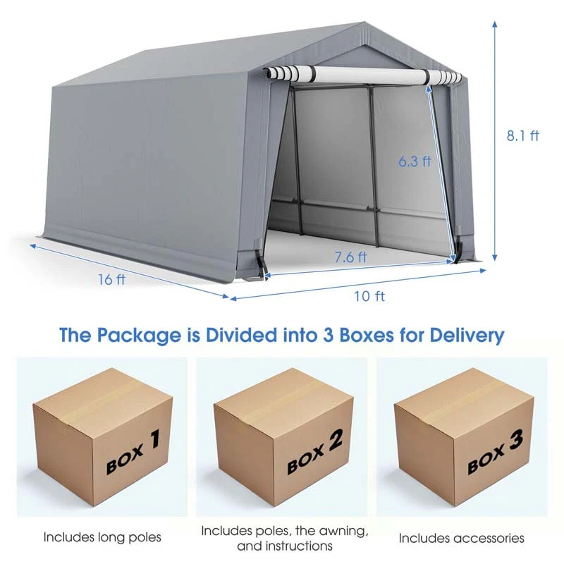 10 x 16 FT Outdoor Heavy-Duty Metal Carport Portable Garage Car Canopy with 2 Removable Doors