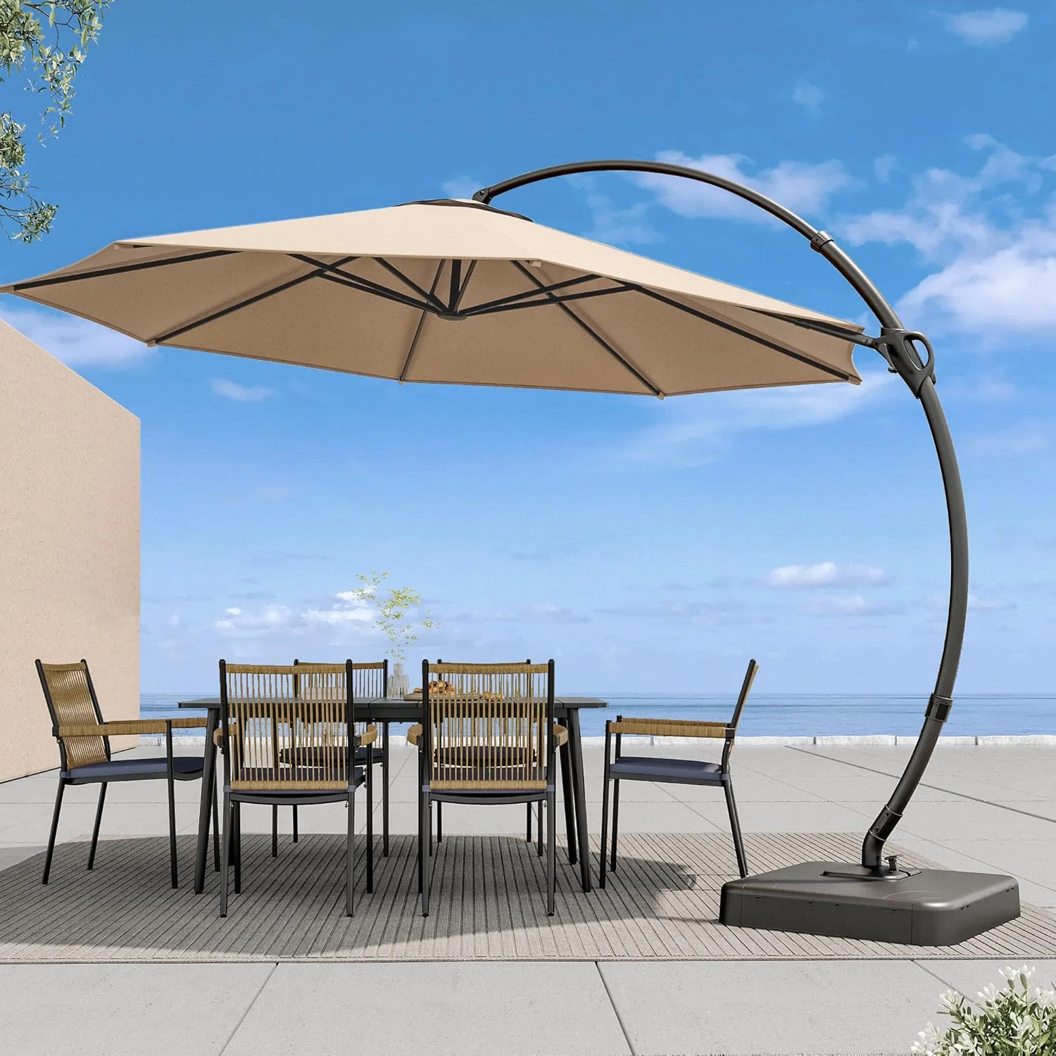 LAUSAINT HOME Outdoor Patio Umbrella with Base included, 11 FT Deluxe Curvy Cantilever Umbrella Heavy Duty Offset Hanging Umbrella with 360�� Rotation for Market, Pool, Garden, Backyard, Deck (Beige)