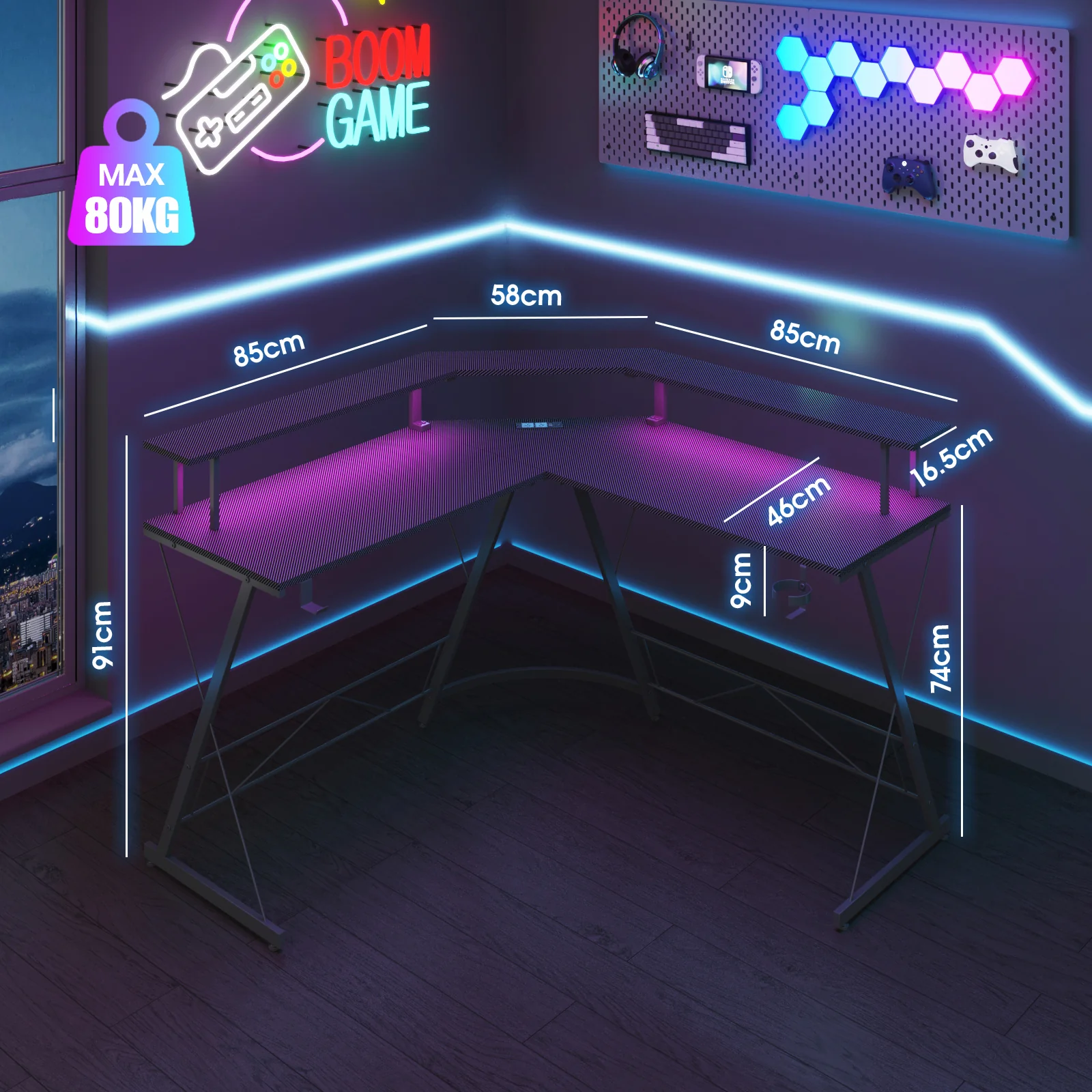 L Shaped Gaming Desk with LED Lights