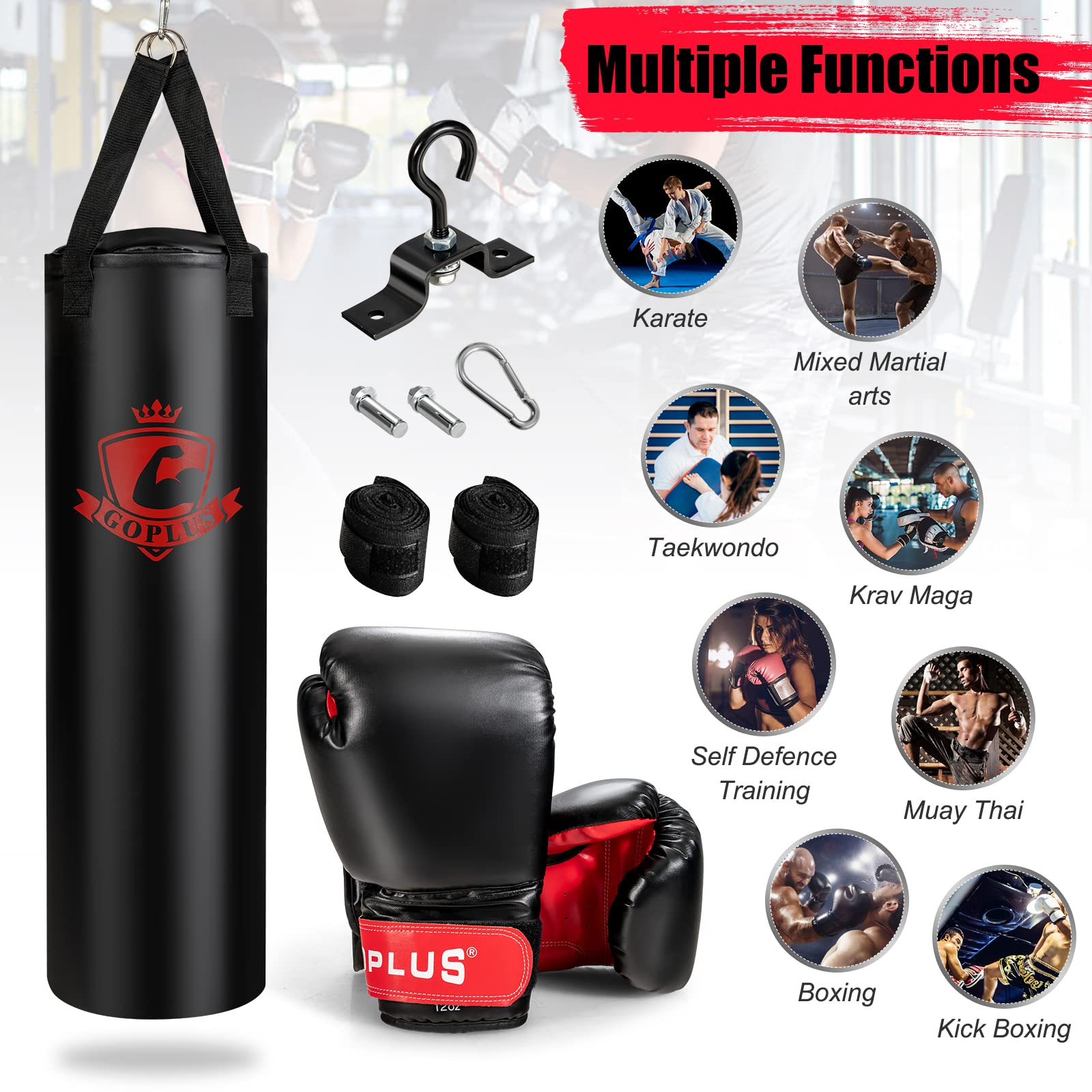 Punching Bag for Adults, 63LBS Filled Hanging Boxing Bag Set with 12OZ Boxing Gloves & 95