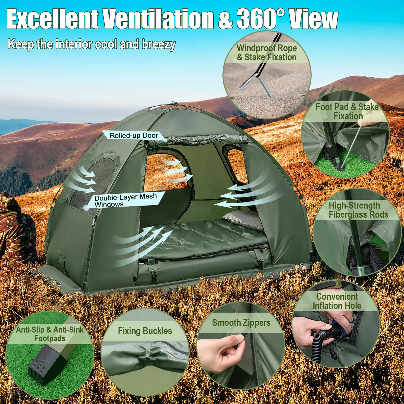 Camping Tent Cot, 5-in-1 Folding Camping Bed with Air Mattress, Pillow, Sleeping Bag