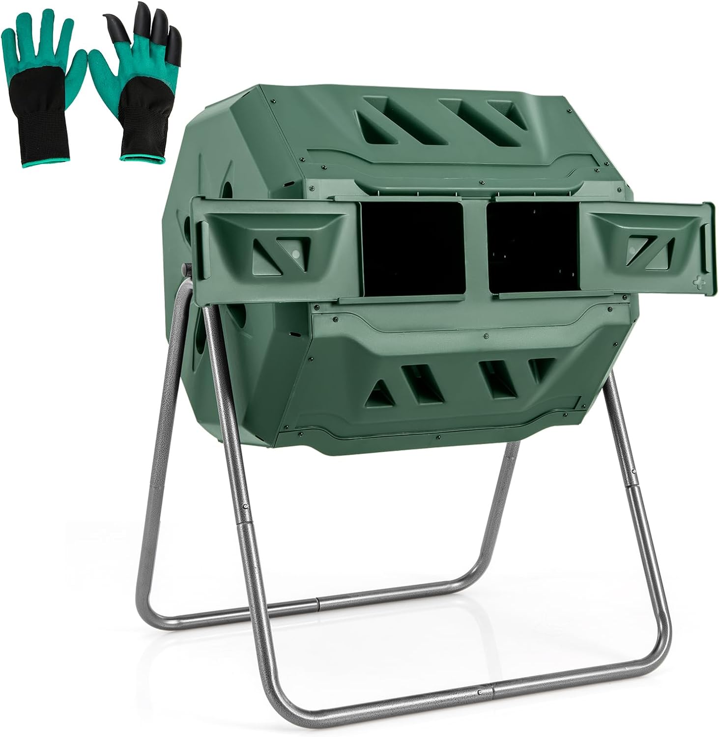 Compost Bin, 42-Gal Dual Chamber Composting Tumbler w/2 Sliding Doors, Heavy-Duty Metal Frame