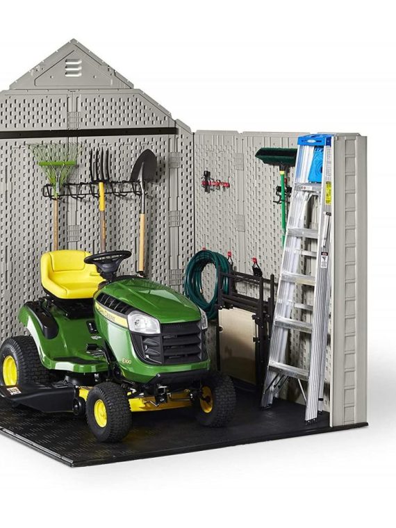 Rubbermaid 7��7 Ft Durable Weather Resistant Resin Outdoor Garden Storage Shed with Windows and Utility Hooks, Sand