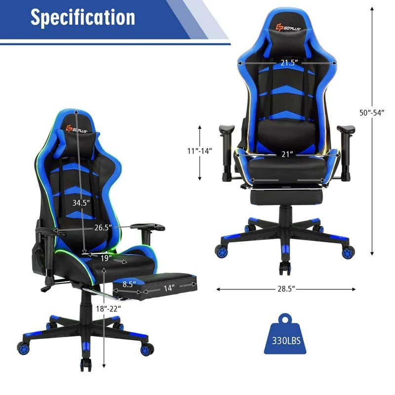 LED Massage Gaming Chair, Height Adjustable Racing Computer Office Chair with Footrest, Ergonomic High Back PU Swivel Game Chair