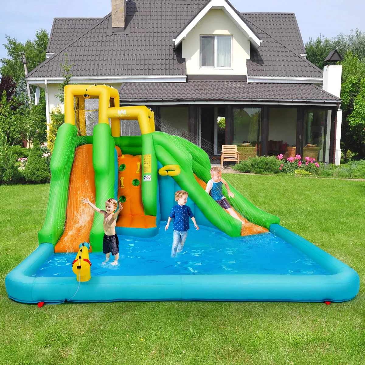 Inflatable Water Park Bounce House w/Climbing Wall Two Slides and Splash Pool