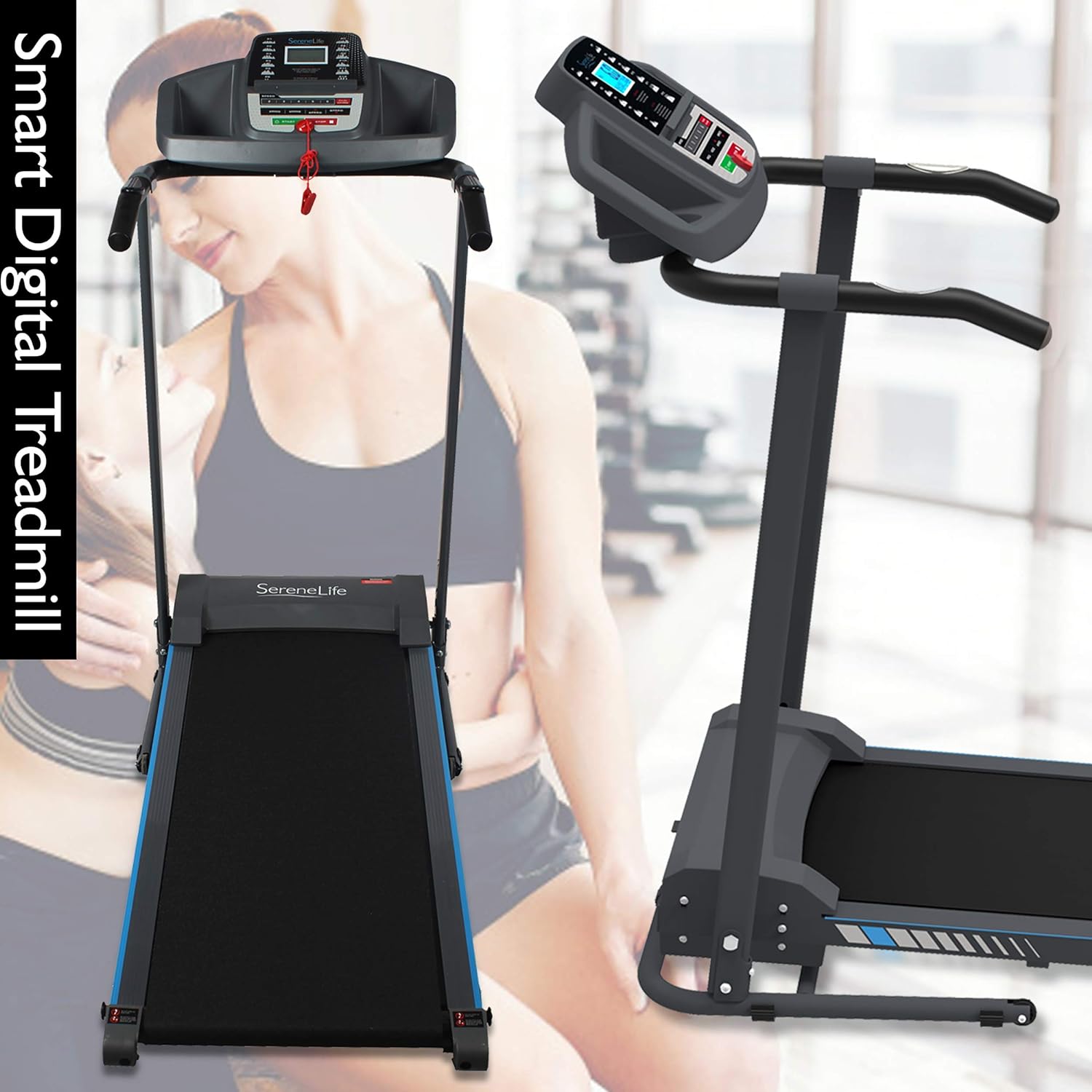 SereneLife Folding Treadmill - Foldable Home Fitness Equipment with LCD for Walking & Running - Cardio Exercise Machine - Preset and Adjustable Programs - Bluetooth Connectivity