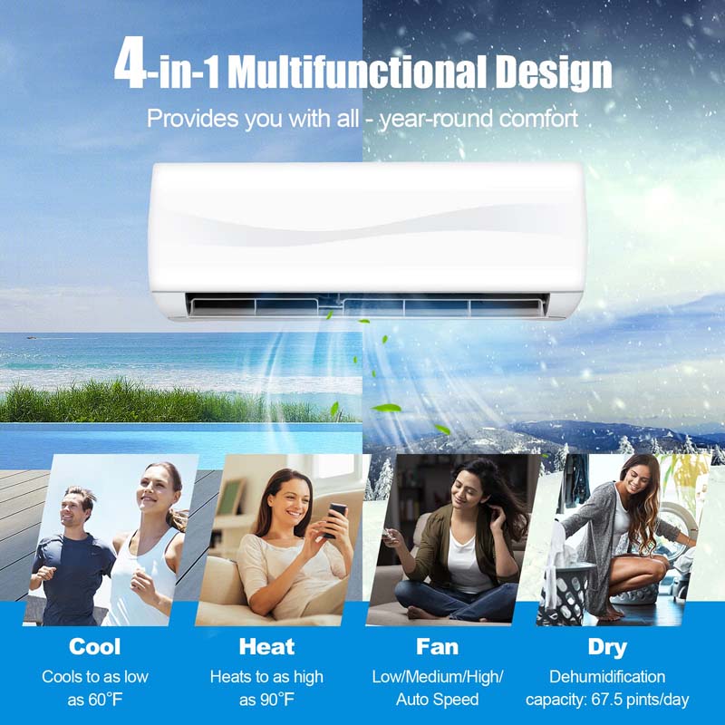 18000BTU Ductless Mini Split Air Conditioner 208-230V 19 SEER2 Wall-Mounted Inverter AC Unit with Heat Pump