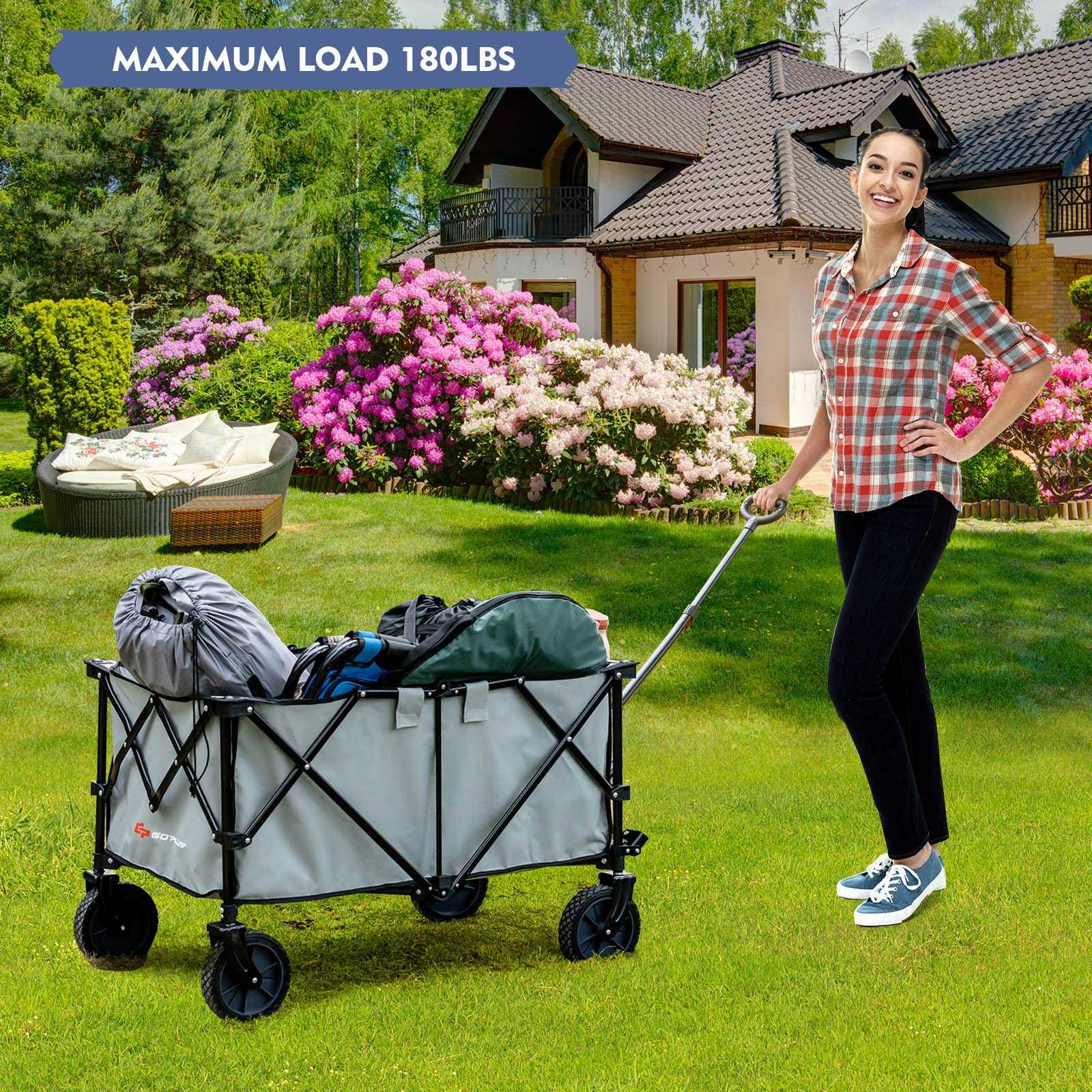 Collapsible Wagon, Folding Utility Wagon Cart w/Universal Wheels & Adjustable Handle & Cover Bag