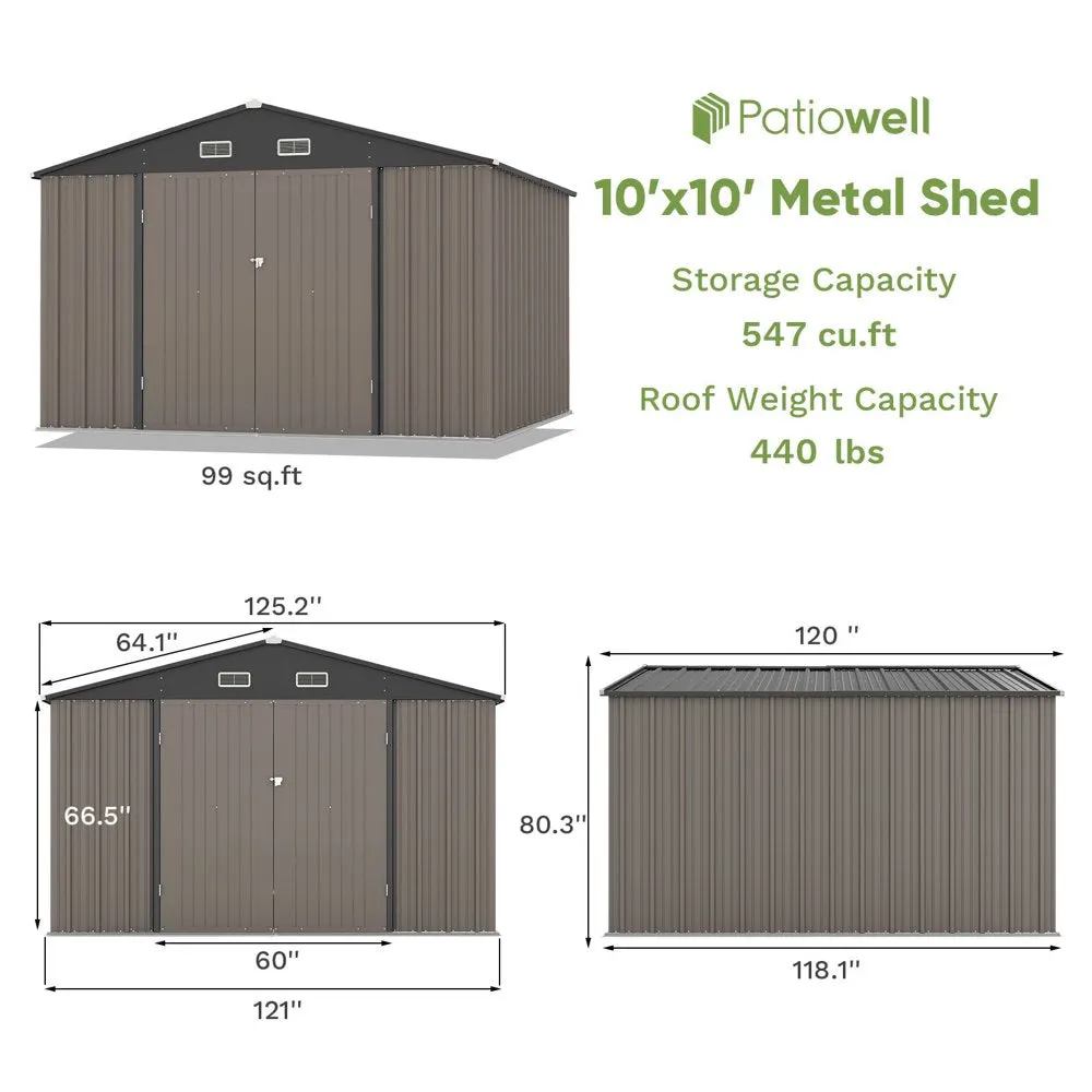 Patiowell 10 x 10 ft Outdoor Storage Metal Shed with Sloping Roof and Double Lockable Door