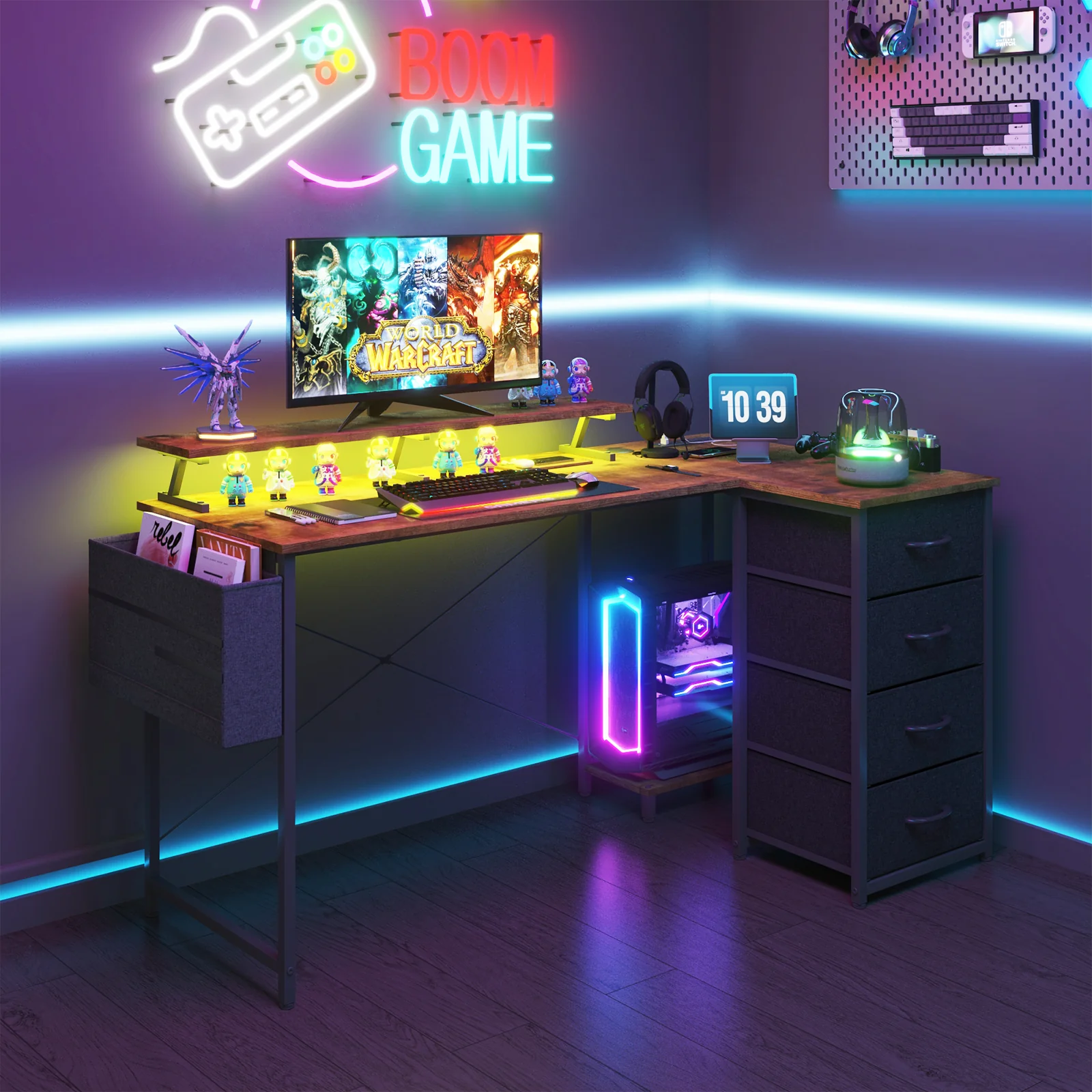 L Shaped Gaming Desk with LED Lights
