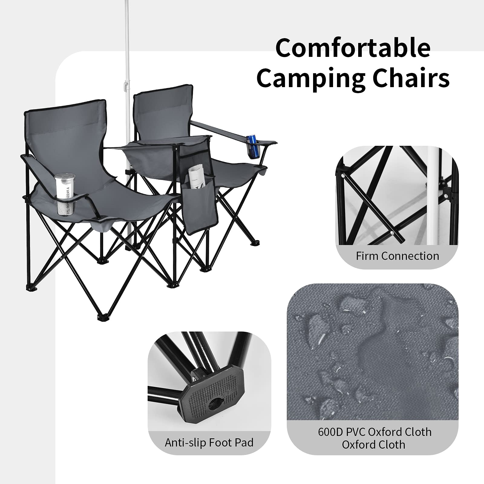 Double Folding Picnic Chairs Umbrella Mini Table Beverage Holder Carrying Bag