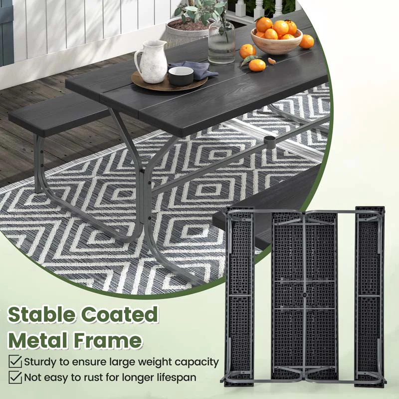 6 FT 8-Person Outdoor Large Picnic Table Bench Set with Umbrella Hole, Metal Frame, All-Weather HDPE Tabletop