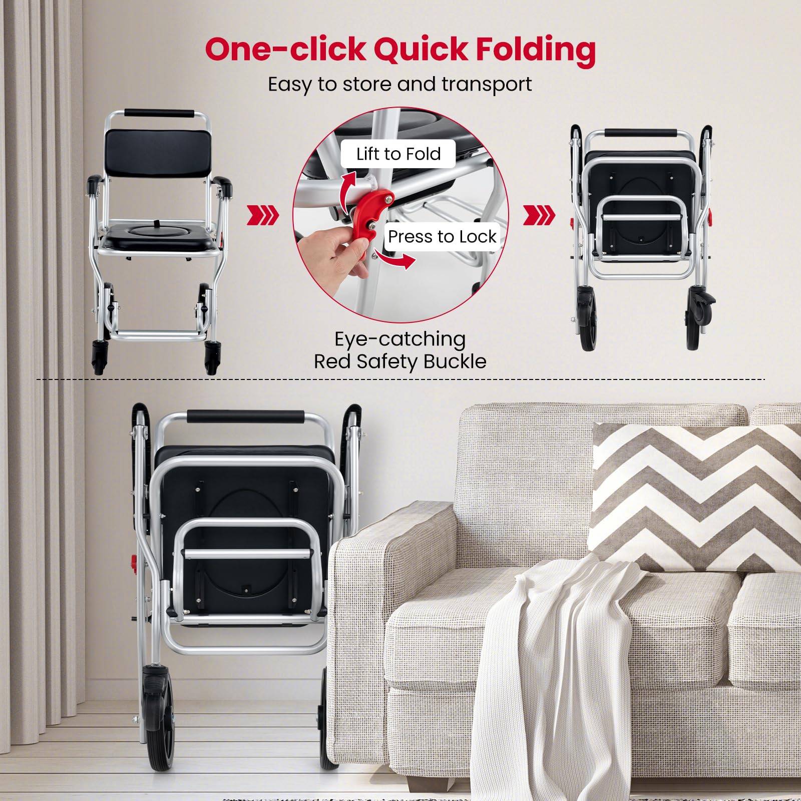 4 in 1 Shower Commode Wheelchair, 330lbs Foldable Bedside Commode Chair for Toilet with Arms