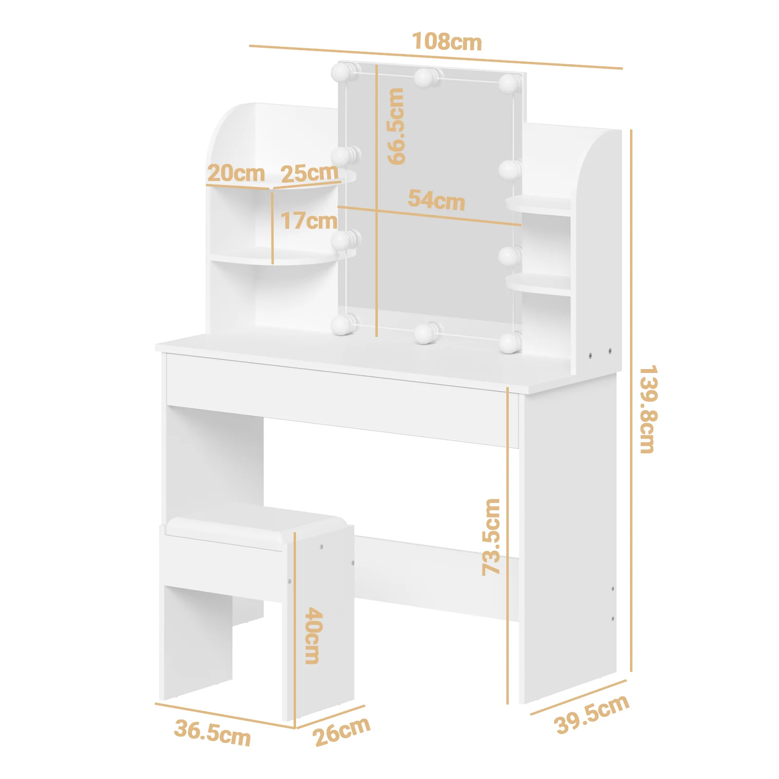 Dressing Table Stool Set 10 LED Bulbs Vanity