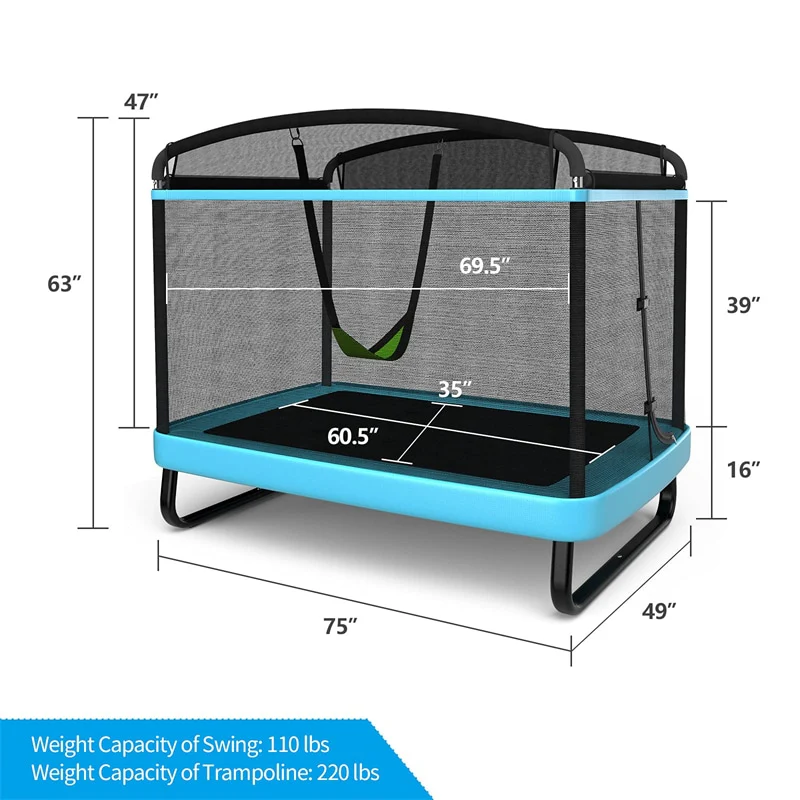 6FT Kids Trampoline with Swing, Safety Enclosure, ASTM Approved Rectangle Recreational Trampoline for 3-8 Years Indoor/Outdoor, Max Load 220lbs