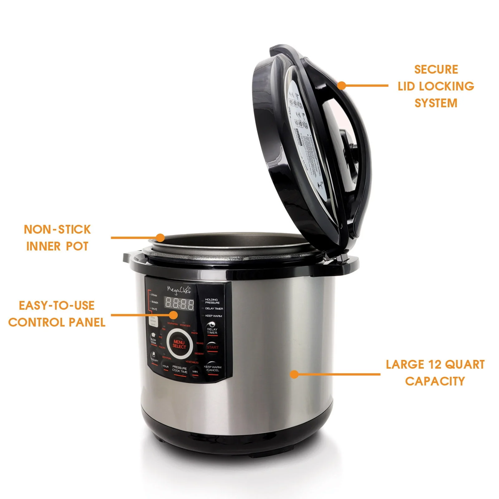 Megachef 12Qt Steel Pressure Cooker with 15 Presets, Non-stick Pot & Glass Lid