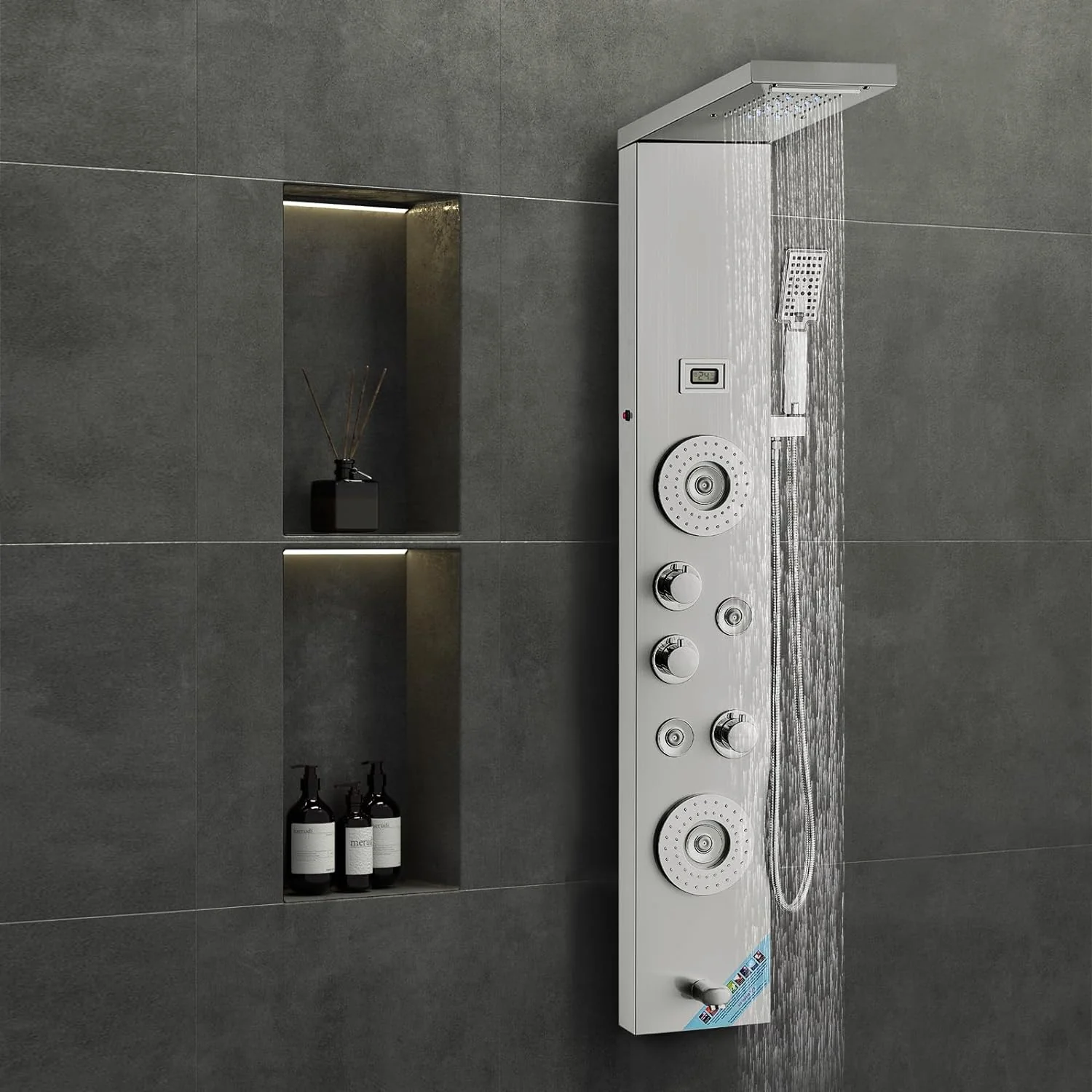 Shower Panel System, 6 Shower Modes, LED & Display Shower Panel Tower, Rainfall, Waterfall, 4 Body Massage Jets, Tub Spout, Handheld Shower Head 59