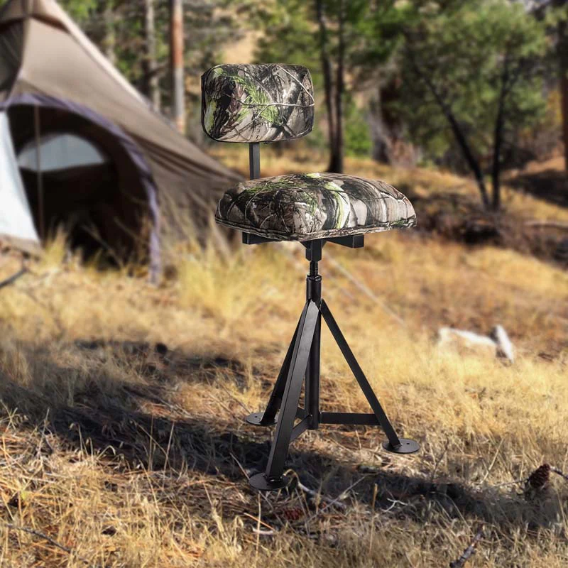 360�� Camo Swivel Hunting Chair for Outdoor Activities, Height Adjustable Tripod Blind Stool Chair with Detachable Backrest, Padded seat