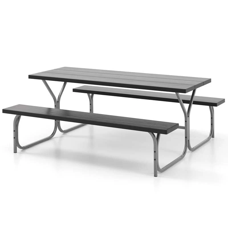 6 FT 8-Person Outdoor Large Picnic Table Bench Set with Umbrella Hole, Metal Frame, All-Weather HDPE Tabletop