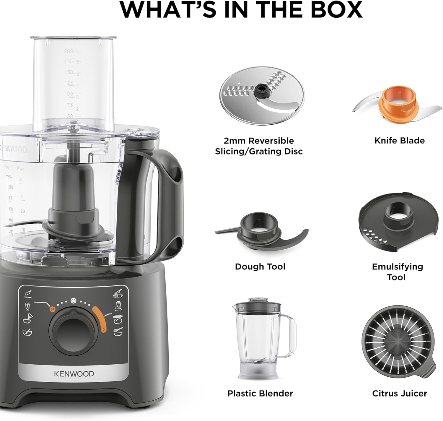 Kenwood MultiPro Compact Food Processor and Blender FDP31.360GY, Includes 1.2L Blender Bowl and 1.2L Food Mixer Bowl, Citrus Juicer, Slicing Grating Disc, Variable Speed with Pulse Function, 800W, Grey