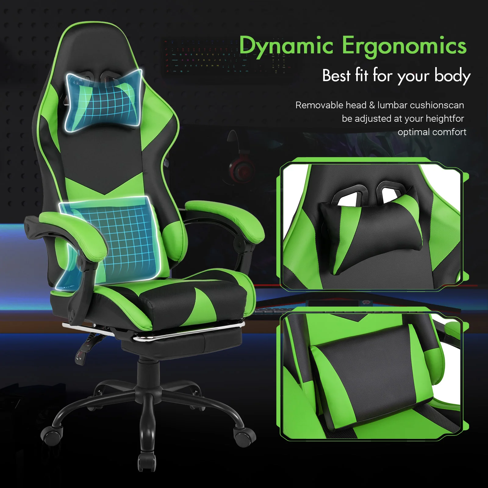 Computer Gaming Chair with Footrest Green