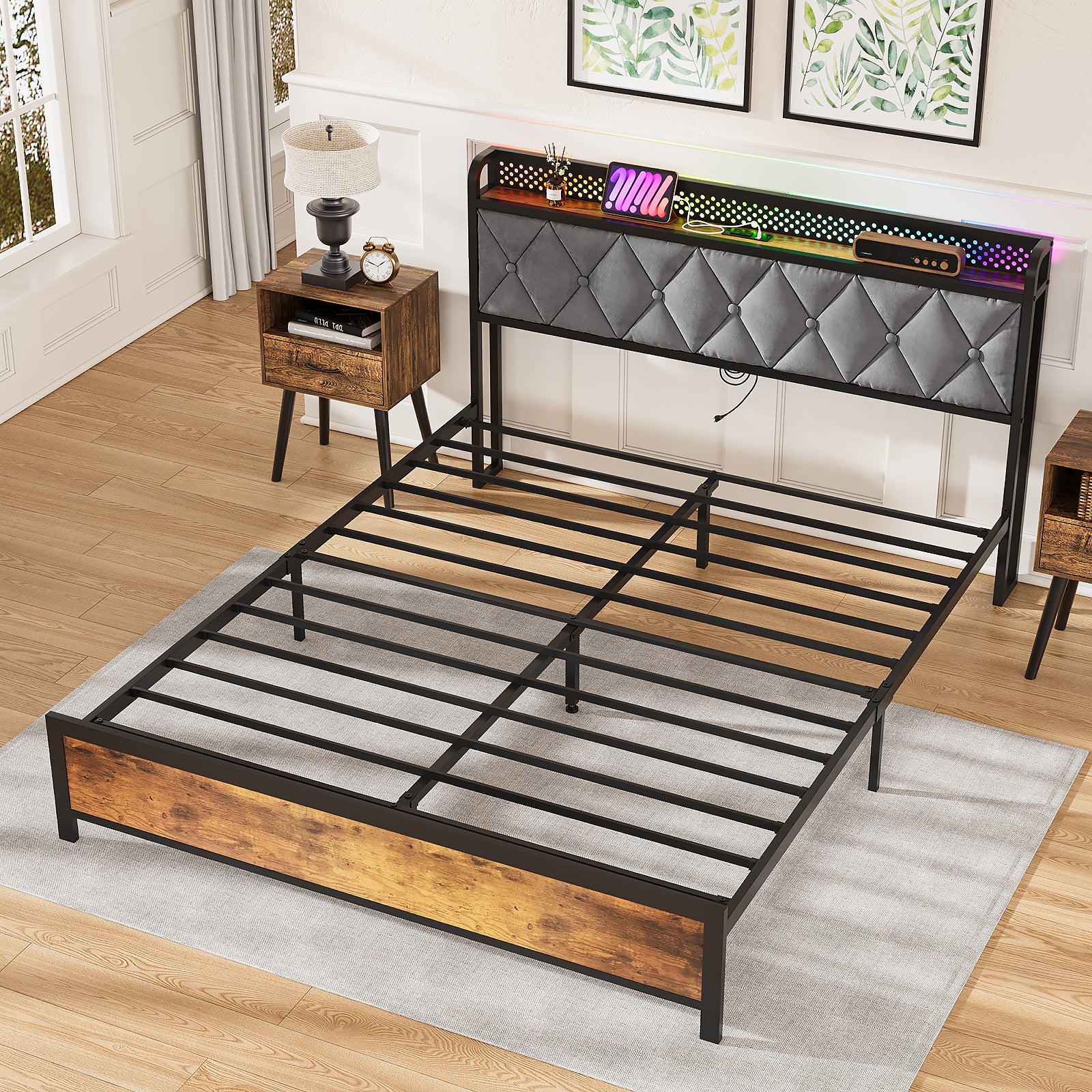 RGB LED Lights Bed Frame w/Charging Station
