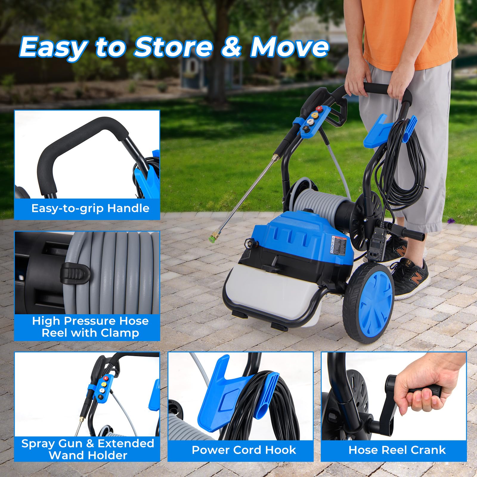 Electric Pressure Washer, 2300 PSI 1.8 GPM High Pressure Power Washer w/Wheels, 5 Quick Connect Nozzles