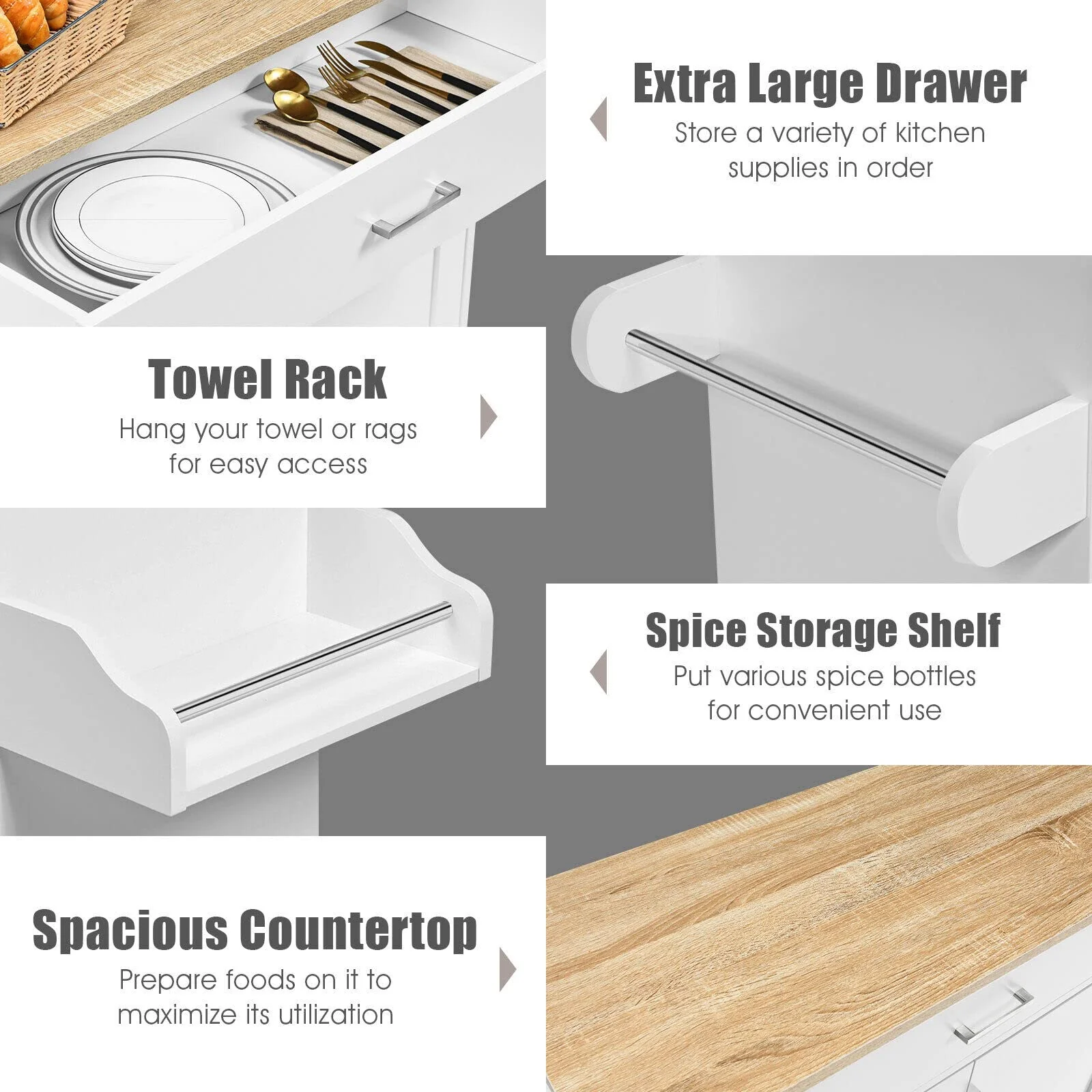 Giantex Wooden Rolling Kitchen Island, Storage Cart Trolley w/ Adjustable Shelf, Spice Storage Sgelf, Towel Rack & Drawer