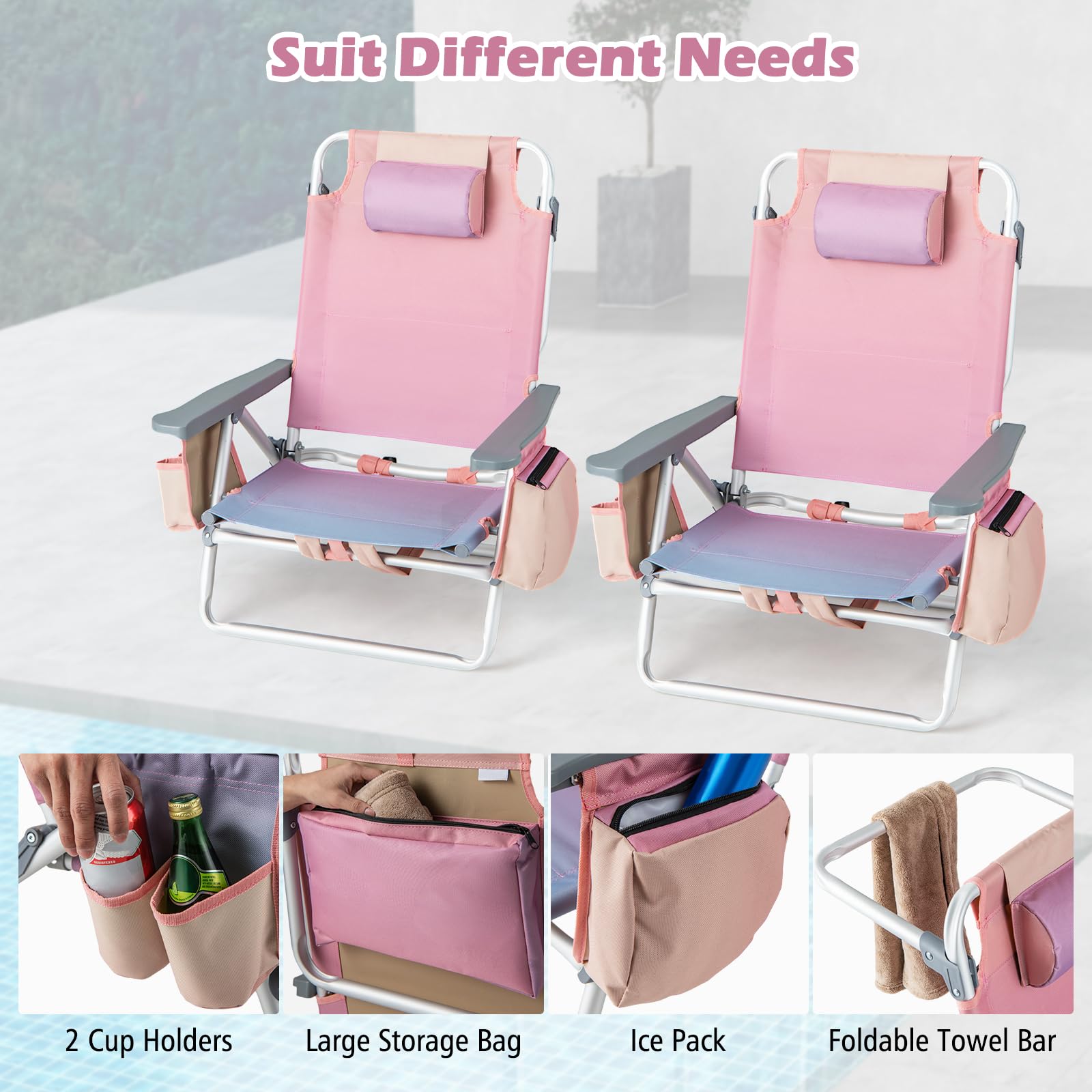 Backpack Beach Chairs, 4 Pcs Portable Camping Chairs with Cool Bag and Cup Holder