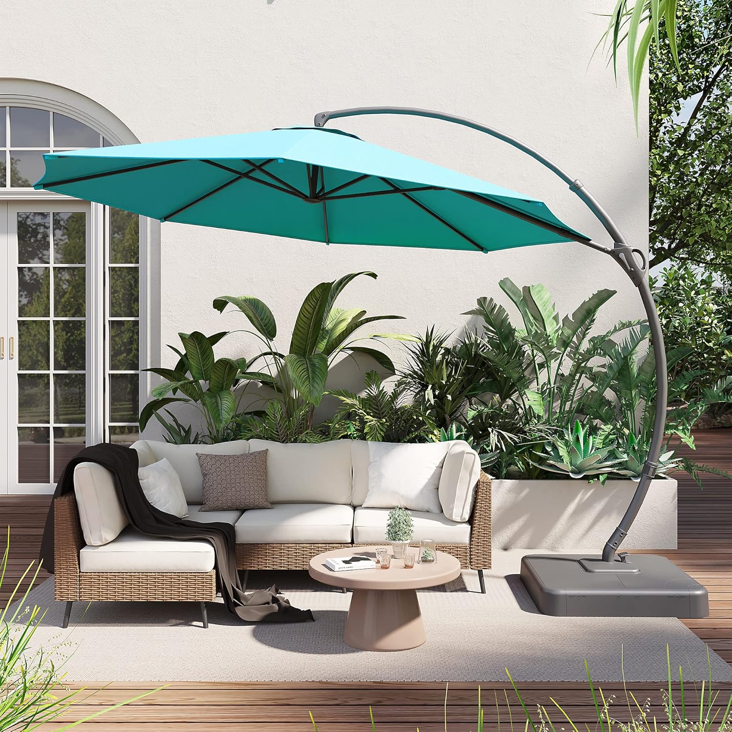 LAUSAINT HOME Outdoor Patio Umbrella with Base included, 11 FT Deluxe Curvy Cantilever Umbrella Heavy Duty Offset Hanging Umbrella with 360�� Rotation for Market, Pool, Garden, Backyard, Deck (Beige)