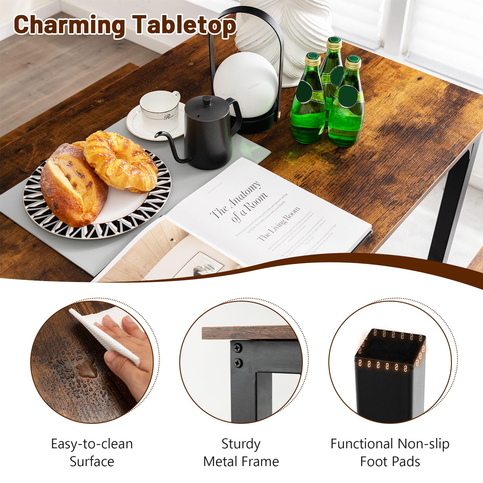 Giantex Dining Table Set for 4, 3 PCS Farmhouse Kitchen & Dining Room Furniture Kit with 2 Benches