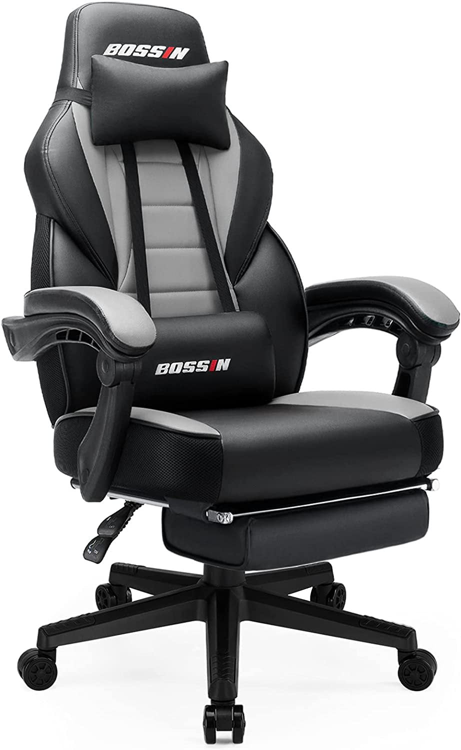 BOSSIN Ergonomic Gaming Chair with Footrest, Headrest & Lumbar Support, Reclines 90-155??, PU Leather, 300 lbs Capacity