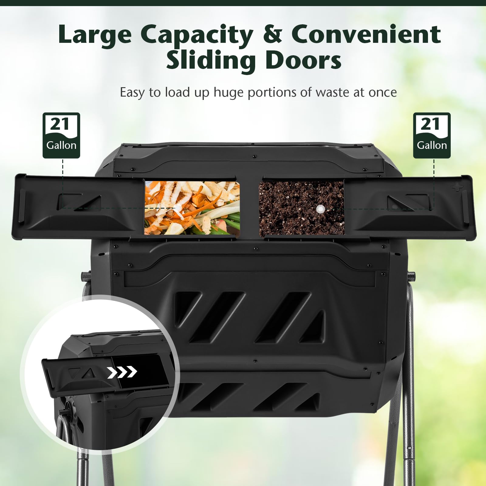 Compost Bin, 42-Gal Dual Chamber Composting Tumbler w/2 Sliding Doors, Heavy-Duty Metal Frame