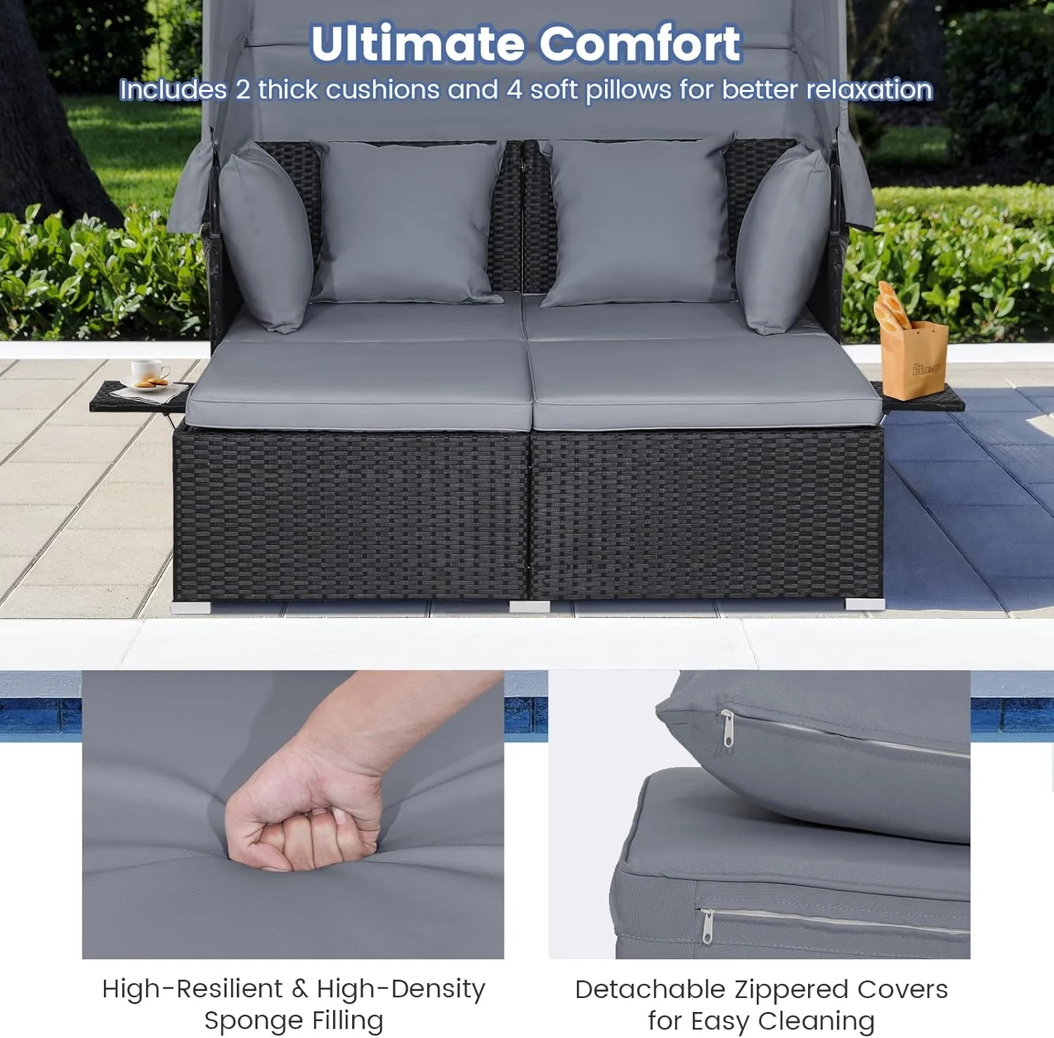 RELAX4LIFE Patio Outdoor Daybed with Canopy, Wicker Sunbed w/Cushions, 4 Pillows & 2 Retractable Side Trays, 2-Person Lounge Bed Conversation for Poolside Porch Garden, Rattan Outdoor Bed (Turquoise)