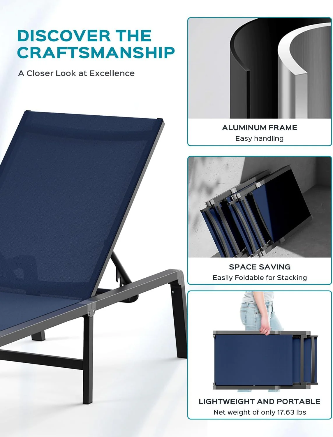 Aluminum Chaise Lounge Ourdoor - Foldable & Assemble Free Outdoor Lounge Chair with 5 Adjustable Backrest, Patio Lounge Chair for Outside Poolside Beach Pool, Black