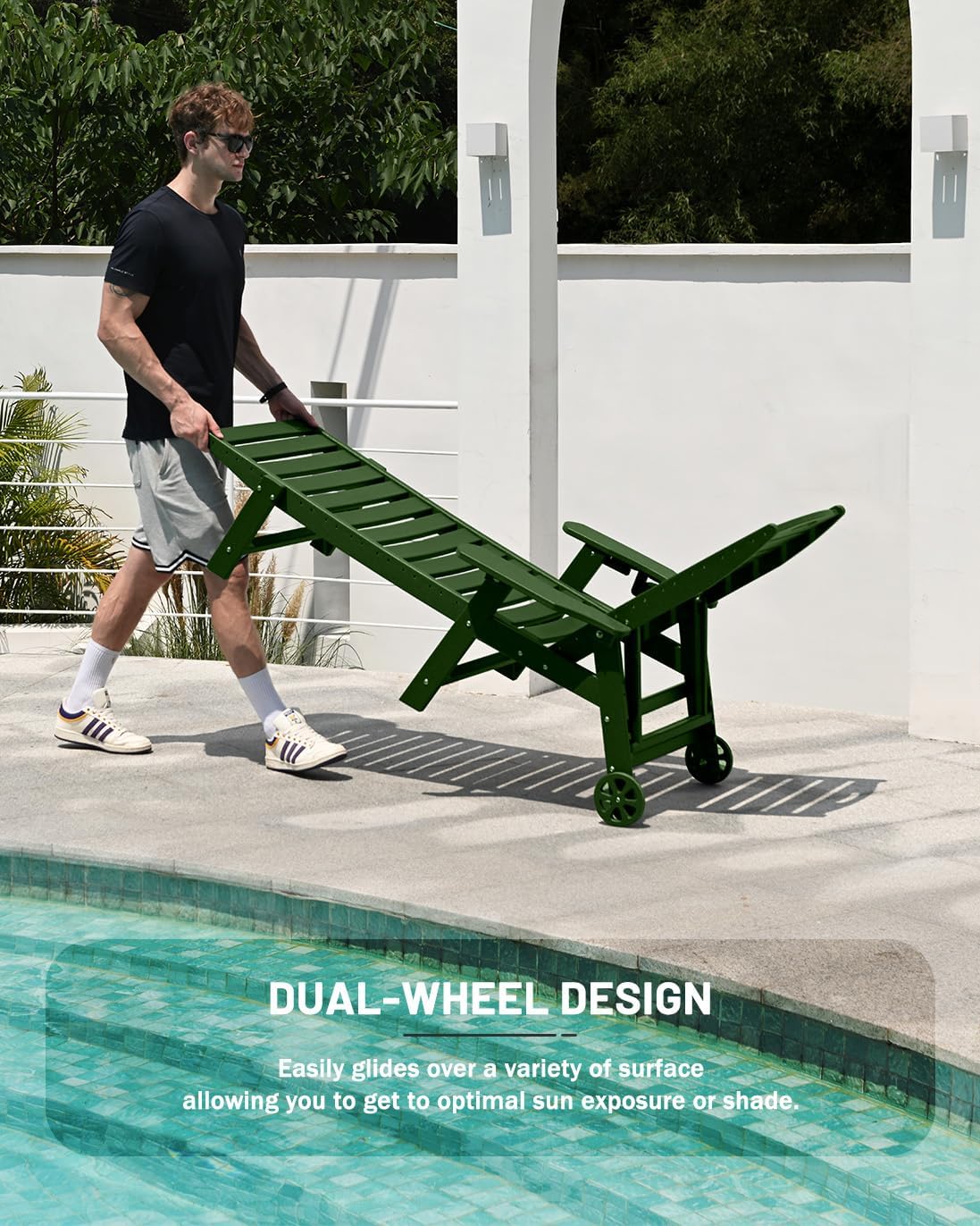 Lounge Chair Outdoor, Chaise Lounge, HDPE 6-Position Outdoor Chaise Lounge, Patio Lounge Chair with Wheels & Cup Holder for Pool Poolside Deck Backyard, Teak